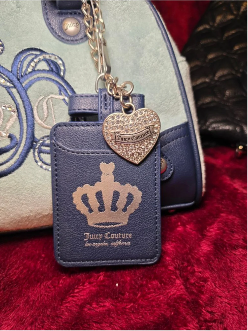 Juicy Couture Bowler Bag with Card Holder and Bag Charm Light Blue Navy Blue